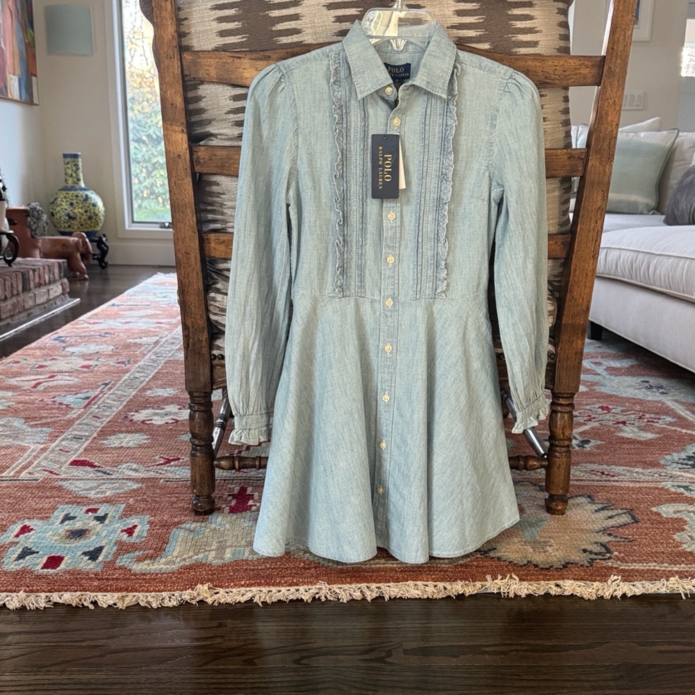 Polo Ralph Lauren Girls Chambray Ruffle Front Dress - New